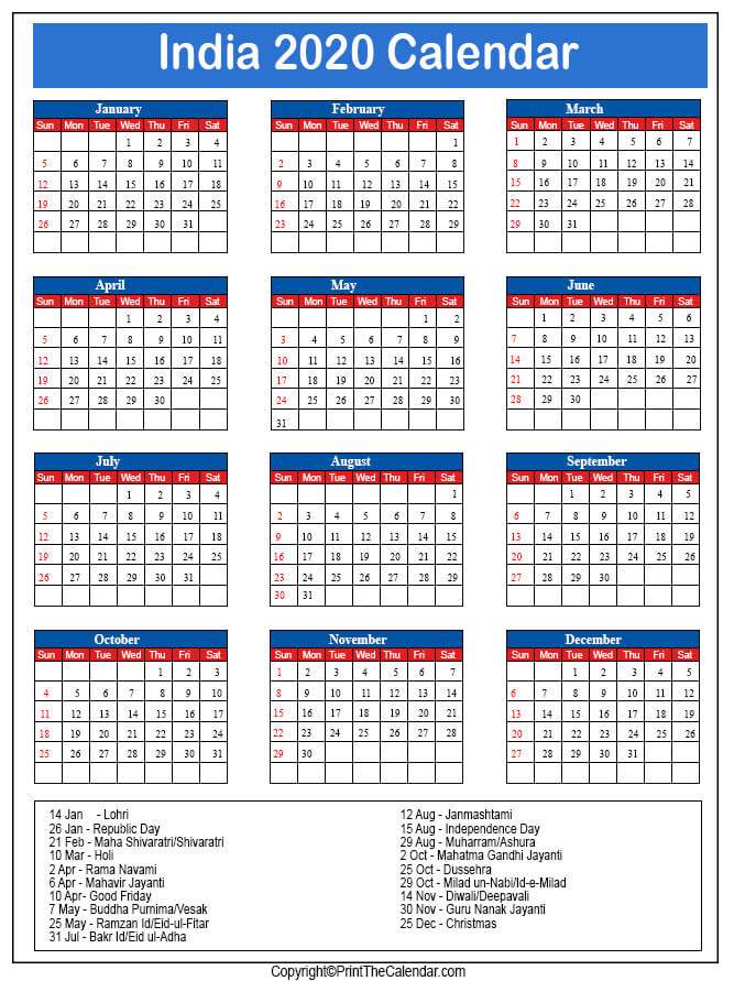 India Printable Calendar 2020